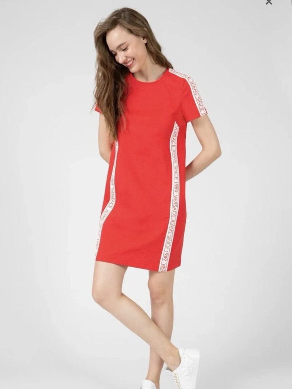 Versace Jeans Women’s Red Logo Tape Short Sleeve Casual T-Shirt Dress
